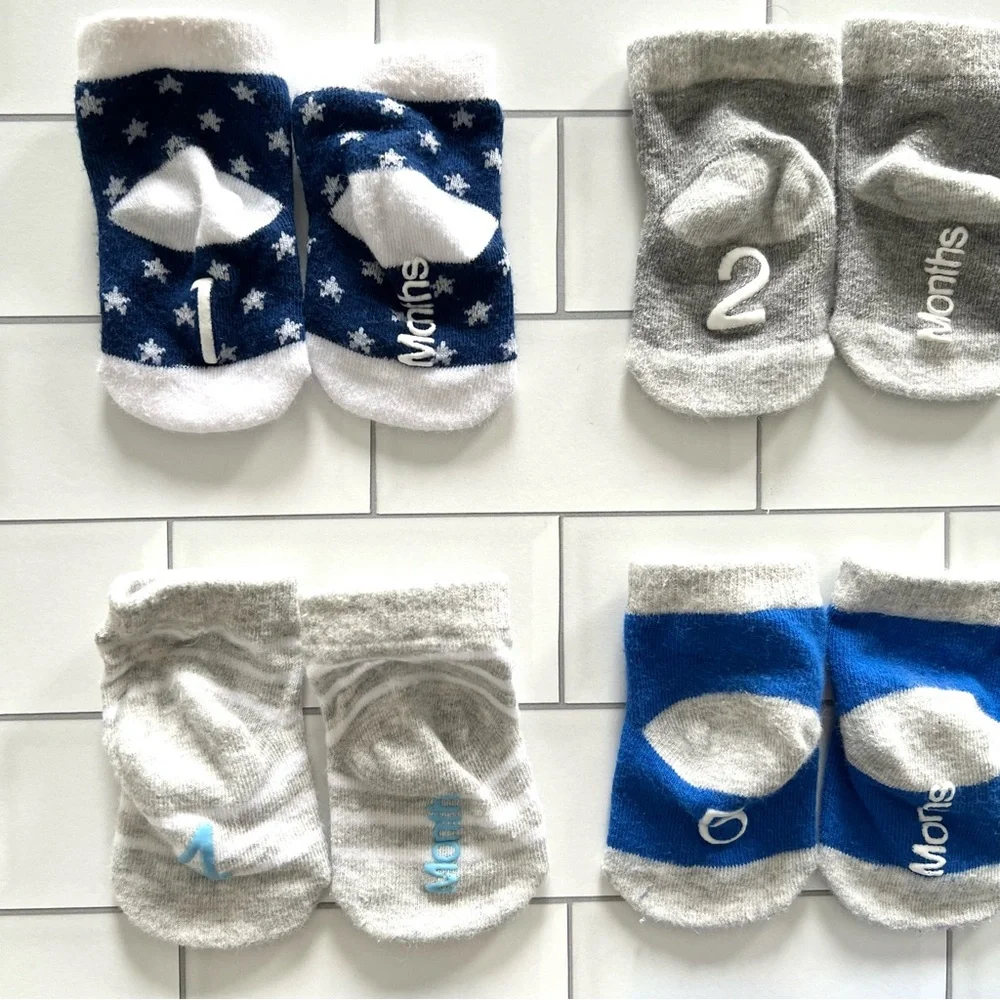0-12M💙 Calvin Klein Milestone Baby 12 Month Socks w/ Grips Blue Gray Stars